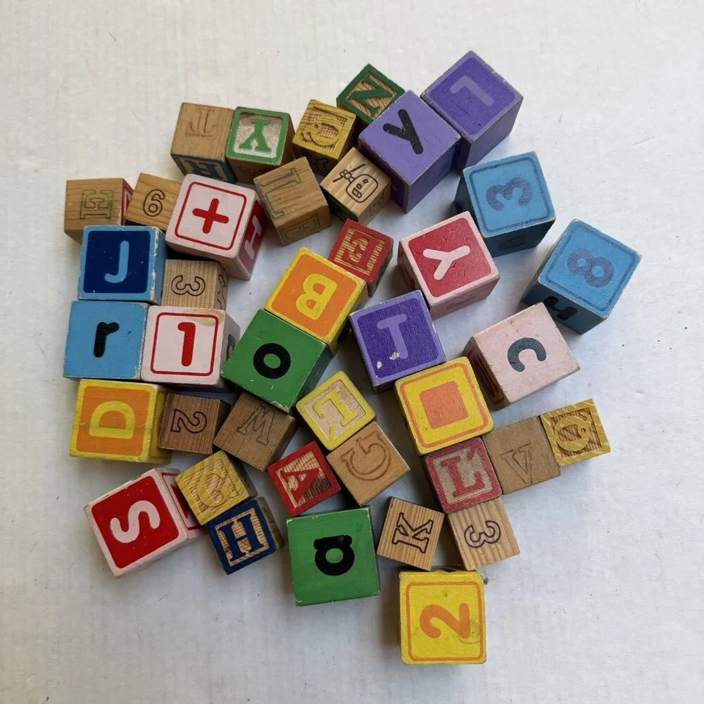 Vintage Alphabet Numbers Animals Wood Stacking Blocks Wood‎ Toys 2 Sizes